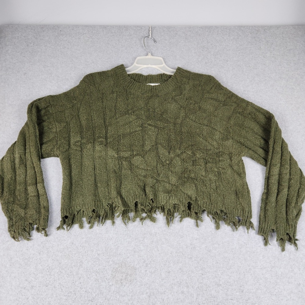 Double Zero Cropped Sweater Womens S Green Long Sleeve Crewneck Frayed Hem Edgy